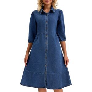 Women's Denim Dress 3/4 Sleeve Collar A Line Tiered Midi Jean Dress Dark Blue